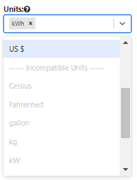 Graphic unit menu showing incompatible choices
